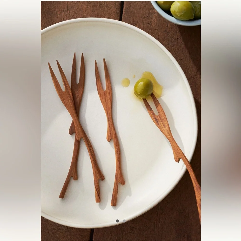 Anthropologie Teak Twig Forks | Set of 4 | Honey | NWT